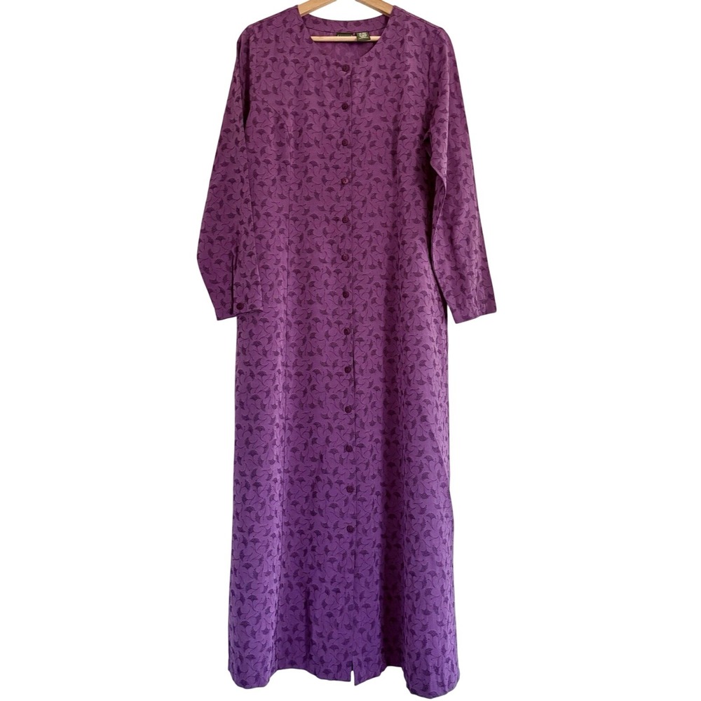 LL BEAN Floral Button Front Maxi Midi Dress Long Sleeve Purple Prairie Modest 12
